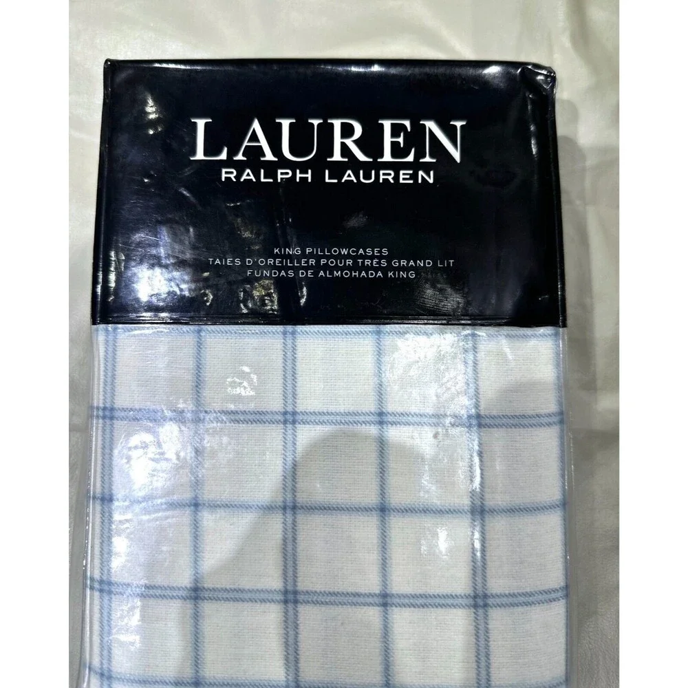 Ralph Lauren Flannel Millerton Plaid Standard Pillowcases Set 2 Blue White New
